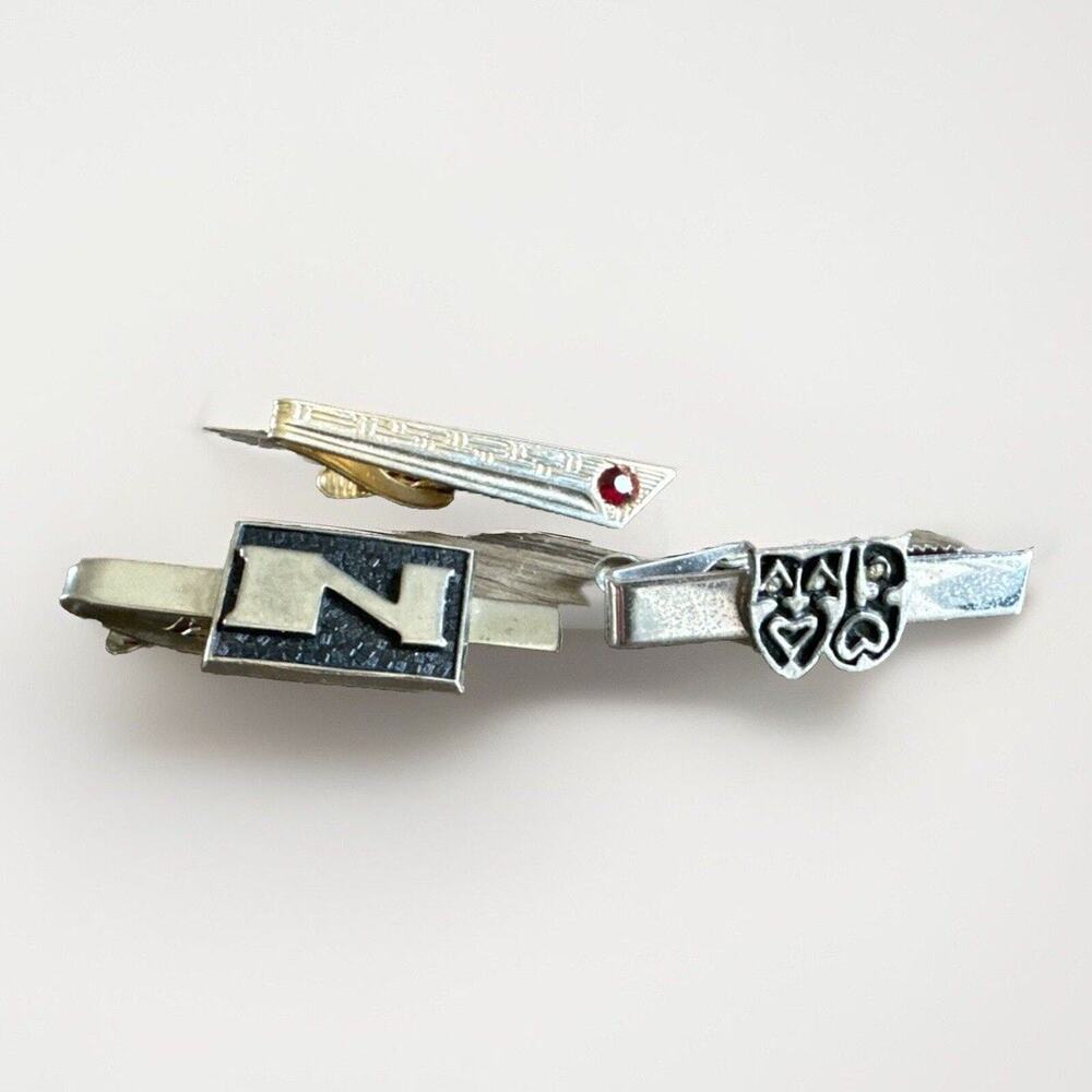Vintage MCM Tie Bar Clips Silver Tone 1 Swank “N”. Faux Ruby, & Theater Masks